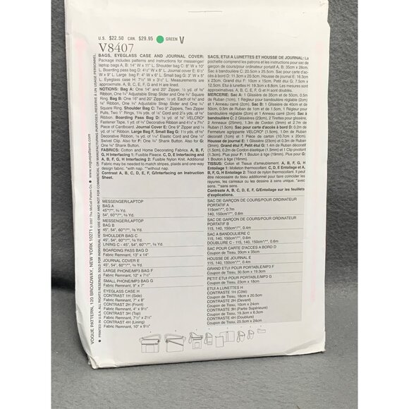 Vogue Bags Eyeglass Case Journal Cover Pattern V8407 By Marcy Tilton uncut - Picture 2 of 2